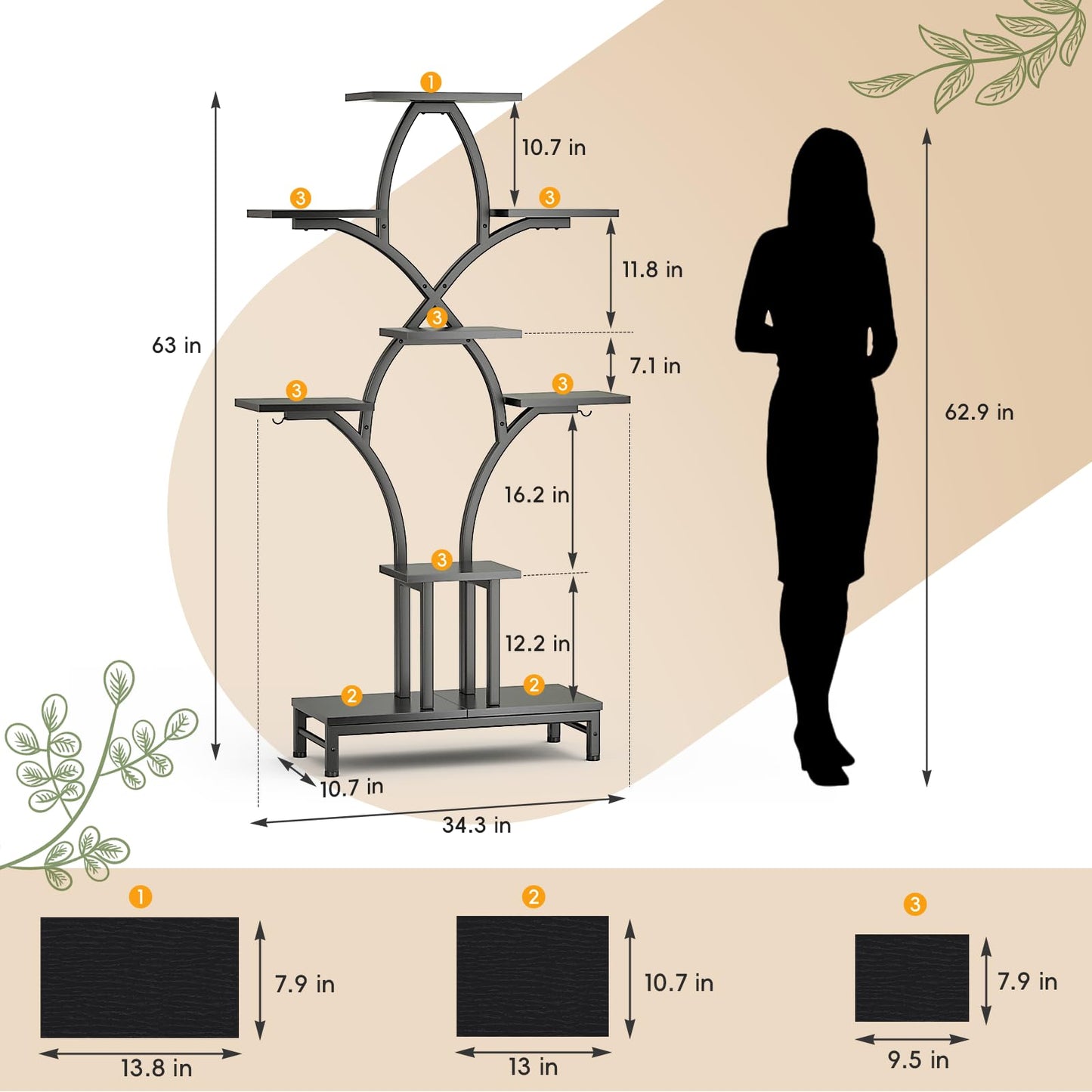 NEHAJUNXI Plant Stand Indoor with 4 Grow Lights - 63" Tall Plant Shelf- 8 Tiered Corner Plant Flower Stands Display Shelves for Home, Patio (Black)