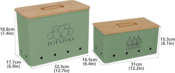 Potato and Onion Storage Bin Set of 2, Vented Metal Vegetable Storage with Wooden Lids, Farmhouse Kitchen Canisters for Countertop Pantry Organizer, Potato Bin Onion Holder for Produce Storage, Green
