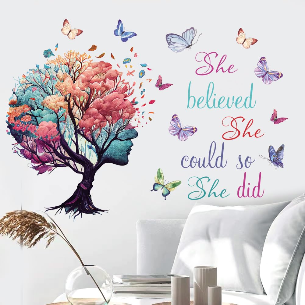 Inspirational Quotes Wall Art - 'She Believed She Could So She Did' Tree & Butterfly Decal Stickers for Women & Girls Bedroom & Living Room Decor