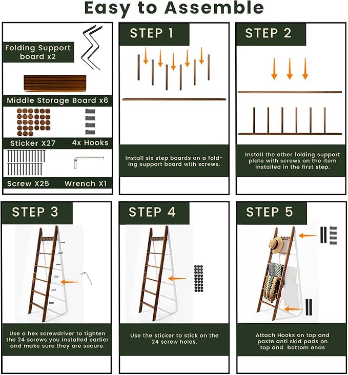 Decorative Wooden Blanket Ladder with Removable Hooks for The Living Room & Bedroom, Pine Wood, Easy Assembly 6-Tier Wall Leaning Rack Stand 68 inch for Displaying Blankets & Scarves, Brown