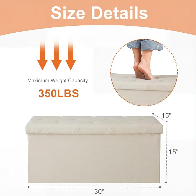 Sweetcrispy 30 Inch Folding Storage Ottoman Bench, Large Hidden Storage Chest with Padded Seat, Foot Rest Stool Supports Up to 660Lbs, End of Bed Bench for Bedroom, Living Room, Linen Fabric, Beige