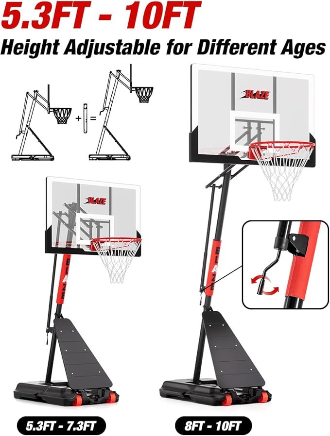Portable Basketball Hoop Height Adjustable 4.0-10ft: Outdoor Basketball Goal System for Kids Youth Teens in Backyard/Driveway/Indoor, 33-45 Inch Shatterproof Backboard and Stable Base