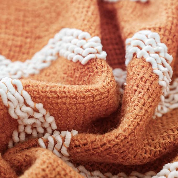 BOURINA Fluffy Chenille Knitted Fringe Throw Blanket Lightweight Soft Cozy for Bed Sofa Chair Throw Blankets, Orange 60"x80"