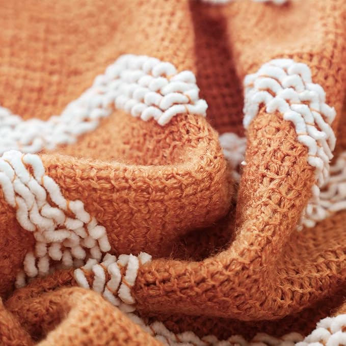 BOURINA Fluffy Chenille Knitted Fringe Throw Blanket Lightweight Soft Cozy for Bed Sofa Chair Throw Blankets, Orange 50" x 60"