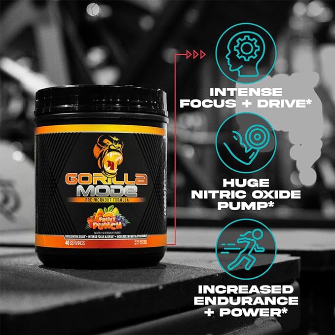 Gorilla Mind Pre Workout - Massive Pumps Laser Focus Energy Power - L-Citrulline, Creatine, L-Tyrosine, Betaine, Hydroprime, Alpha-GPC, 400mg Caffeine, Huperzine A - 812g (Cherry)