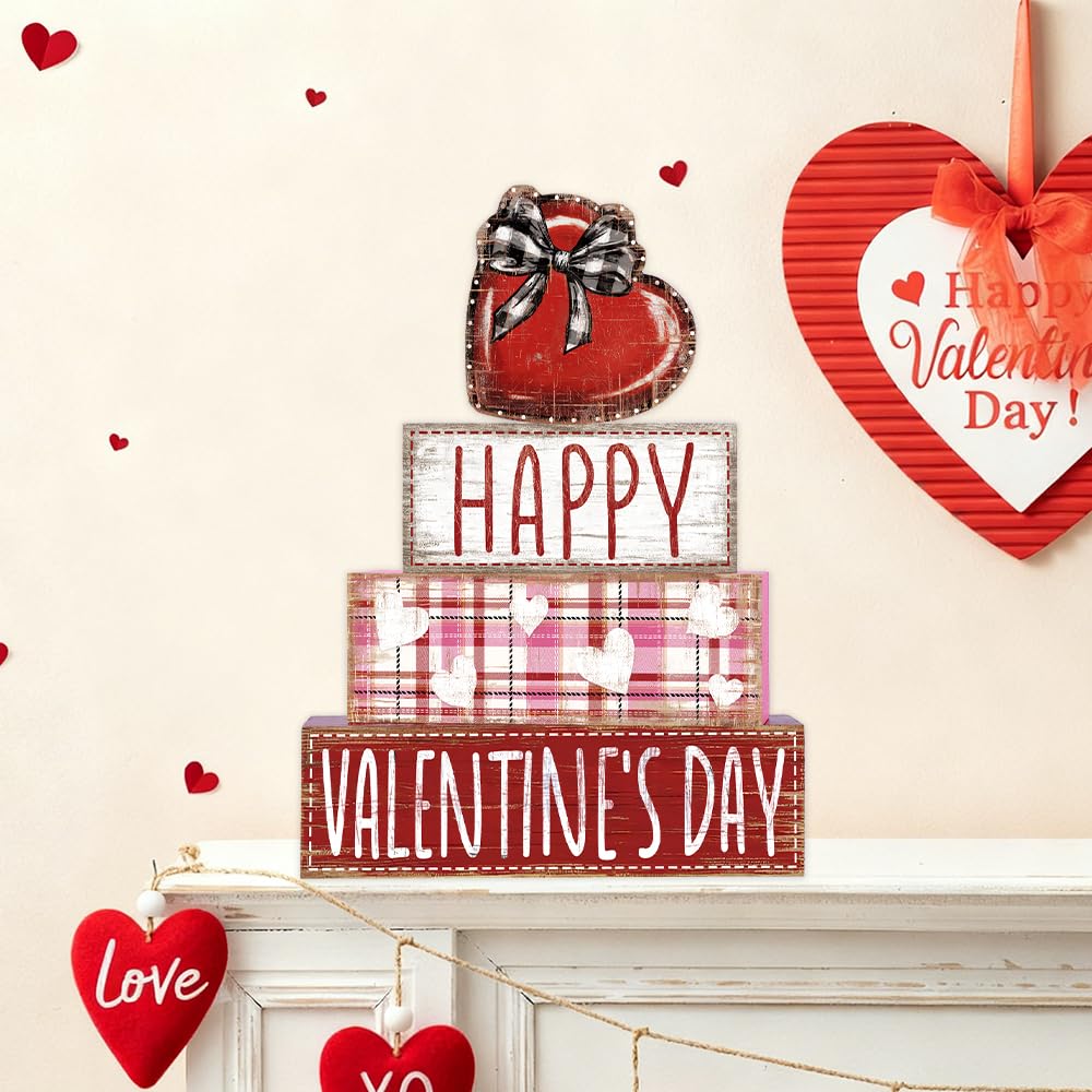 DIYDEC 4Pcs Valentine's Day Table Decoration Valentine Heart Wooden Block Signs Rustic Valentines Tiered Tray Decor Happy Valentine's Day Centerpiece Sign for Farmhouse Holiday Tabletop Party Decor