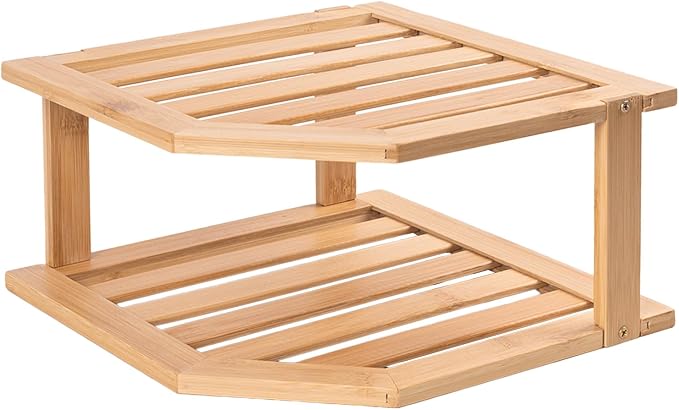 VERTORGAN Bamboo Corner Shelf,2 Tier Plate Organizer for Cabinet and Countertop,Pantry Dish and Spice Rack for Kitchen
