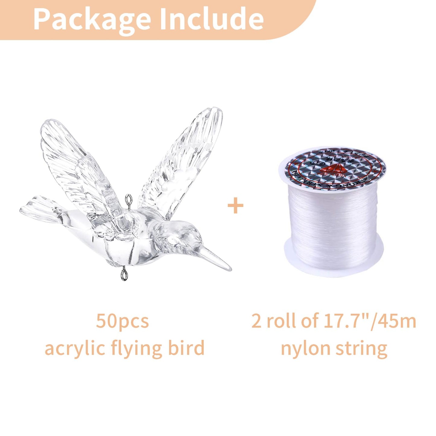 NUPTIO Crystal Ceiling Hanging Ornaments: 50 Pcs Acrylic Flying Birds for Wedding Party Window Garden Bedroom Outdoor Birthday - Christmas Tree Decorations with Transparent Line