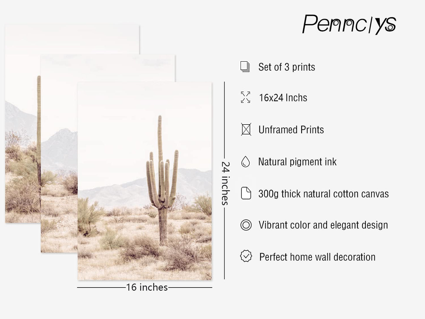 Pennclys Sonoran Desert Landscape Wall Art Cactus Arizona Canvas Wall Decor Desert Poster Pictures Saguaro Cactus Art Prints Landscape Painting for Home Bedroom 16x24x3 Inch Unframed