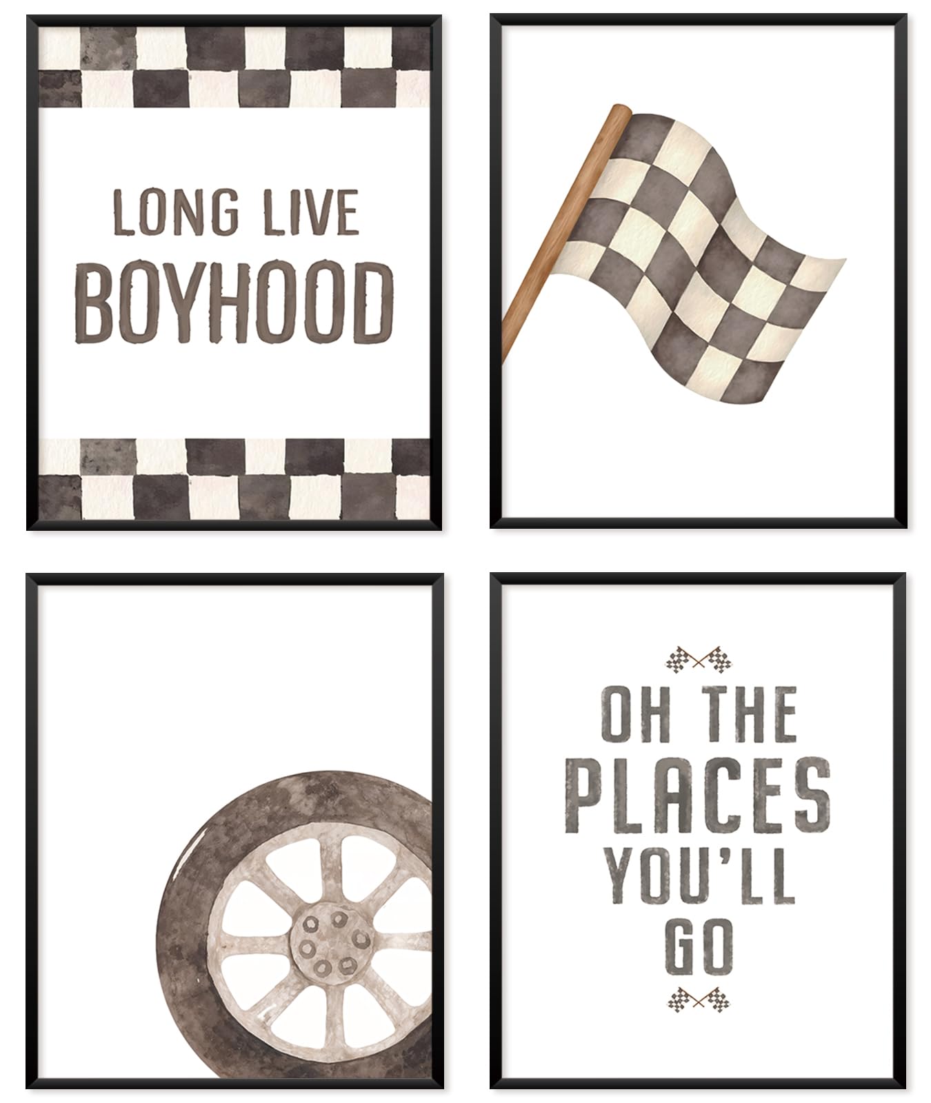 Locomiss Boys Race Car Room Wall Decor, Toddler Nursery Boy Race Cars Art Themed Checkered Play Room Wall Decor Posters For Boys, Toddler Bedroom Playroom Essentials, Set of 4(8x10 Unframed)