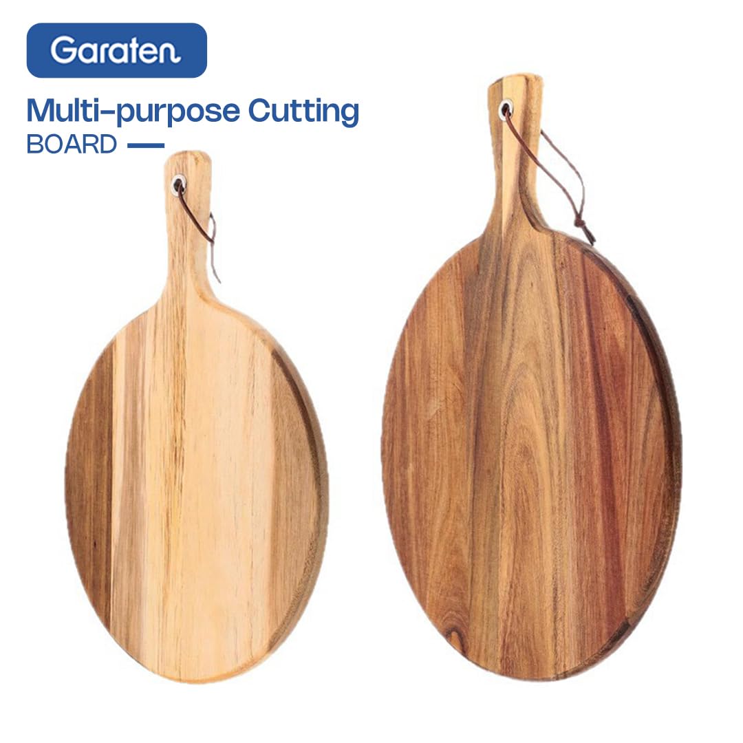 Garaten Round Acacia Wood Cutting Board with Handle - 12 Inch Wooden Charcuterie Board and Serving Platter - 0.7" Thick Acacia Wood Chopping Board for Kitchen with Leather Strap