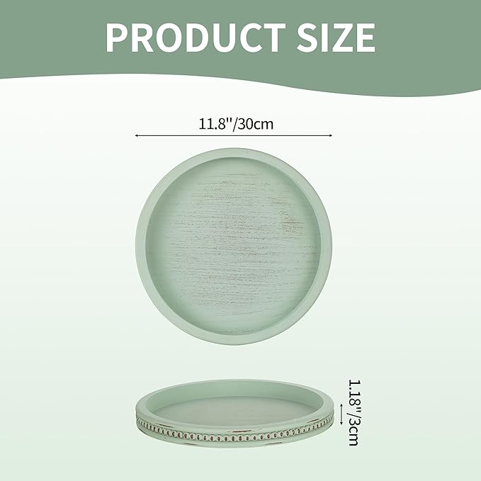 Hanobe Sage Green Tray Decor: Round Decorative Tray for Coffee Table Centerpiece - Wooden Candle Plate Holder for Rustic Farmhouse Home Living Room Kitchen Counter