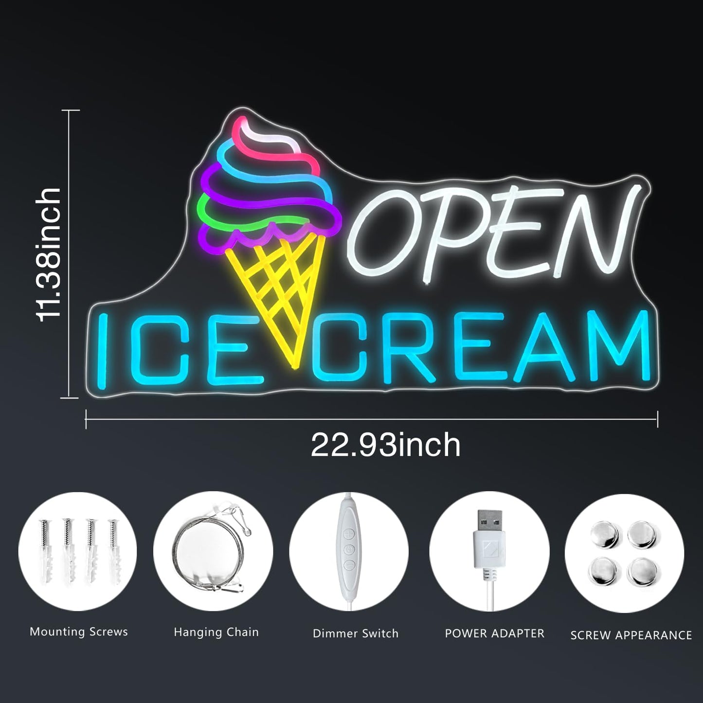 Ice Cream Sign 22.4x11'' Ice Cream Open Shop Neon Signs USB Powered Bar Sign Light Open for Snacks Business Store Cafe Drink Shop Decor Adjust Brightness