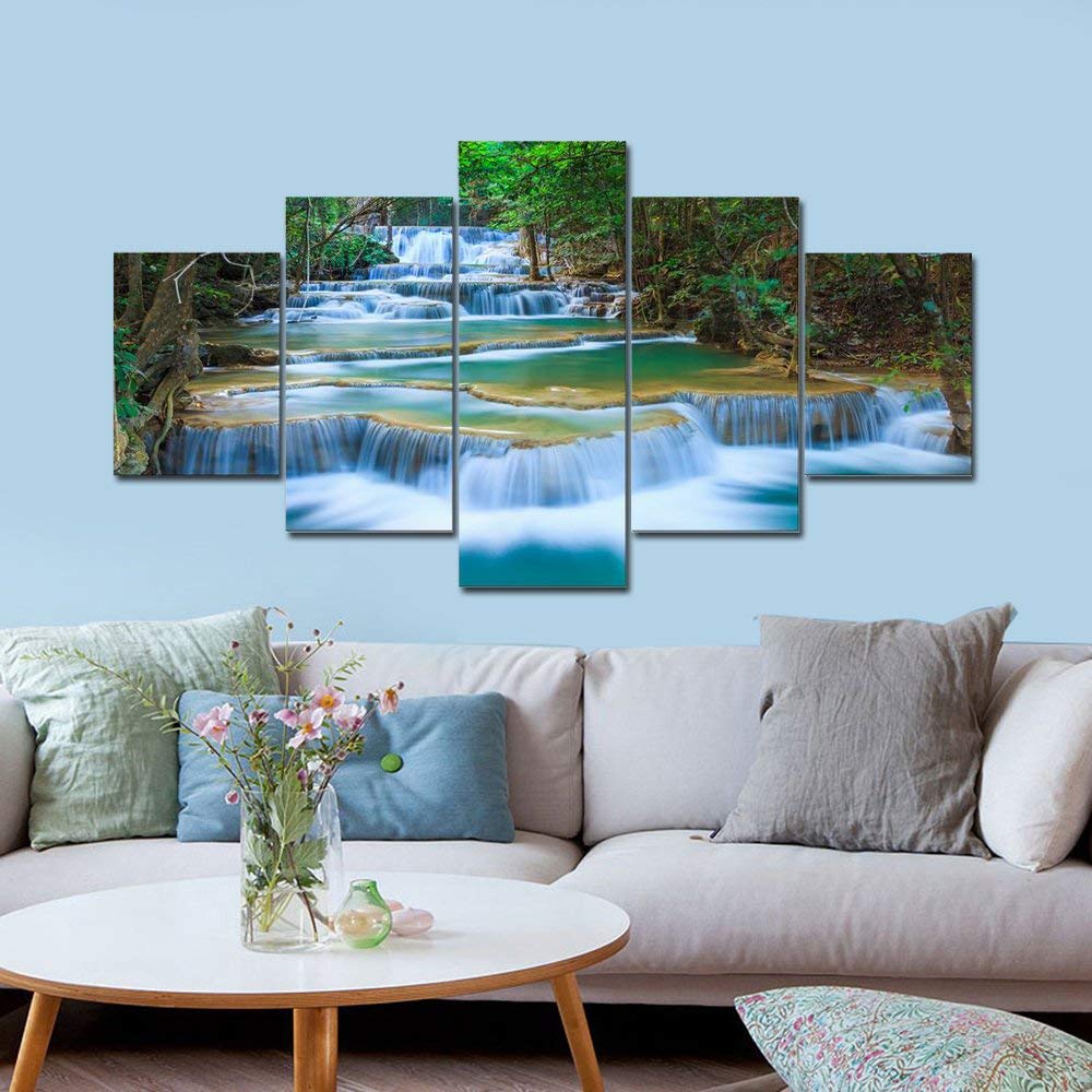 Wieco Art Peaceful Waterfall 5 Panels Large Canvas Paintings Wall Art Modern Gallery Wrapped Landscape Forest Giclee Canvas Print Artwork Photo Pictures for Living Room Bedroom Home Decorations L