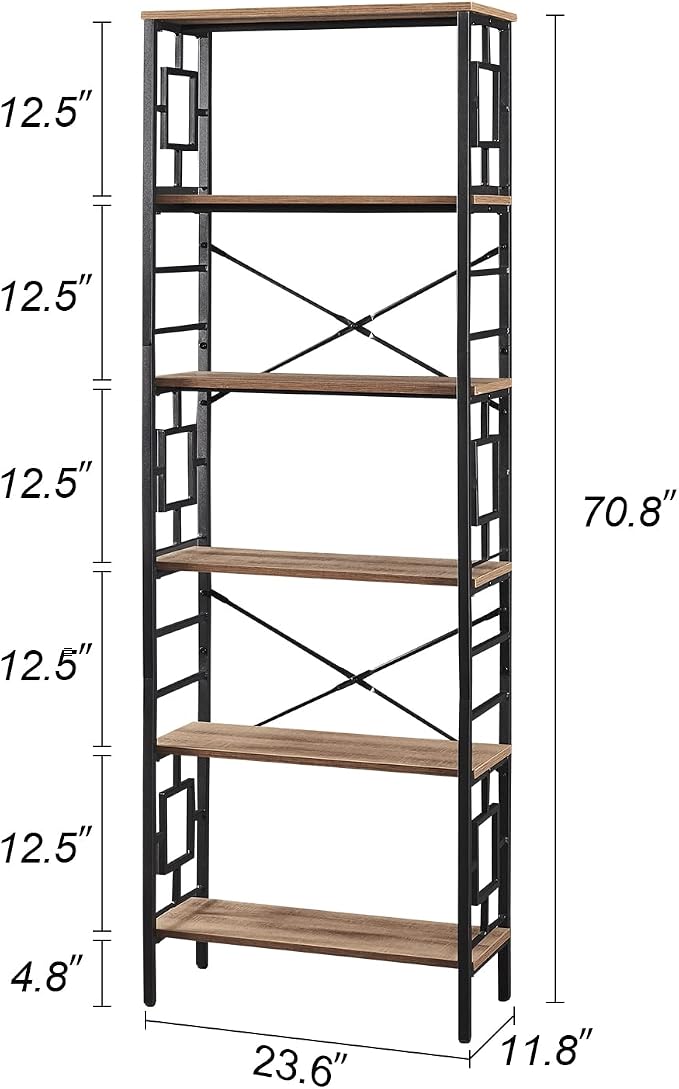 HOMISSUE Bookcase,6-Tier Tall Bookshelf Metal Bookcase and Bookshelves, Free Standing Storage Modern Bookshelf for Home Office Living Room and Bedroom, Rustic Brown