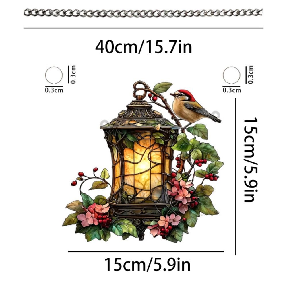 1PC Lantern with Bird and Flowers Acrylic Hanging, 7.08 inch Window Decor with Printed Stained Glass Style Design, Rainbow Maker Wall Art, Gift Idea & Garden Ornament Indoor Outdoor Use/YX-13