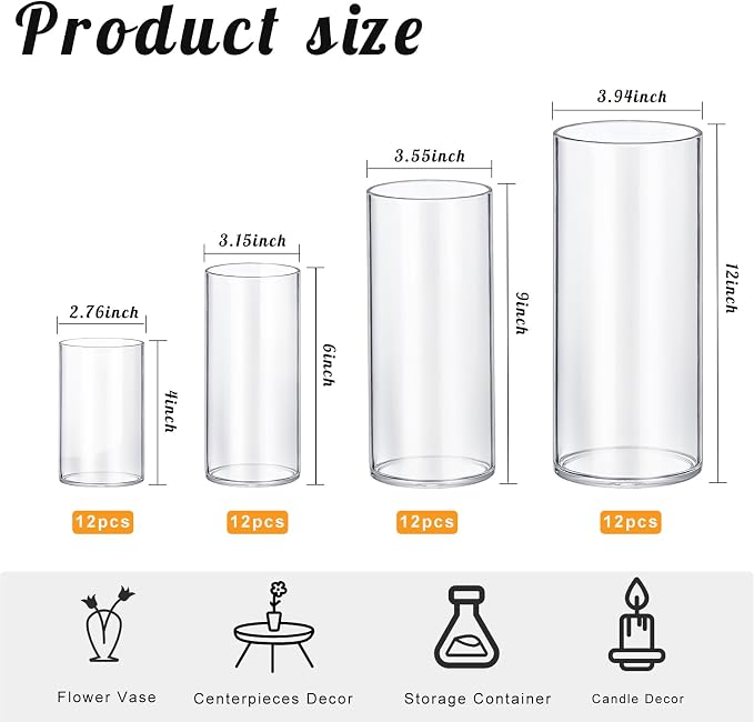 64 Pack Thick Glass Cylinder Vases 4,6,9,12 Inch Tall Clear Flower Vase Hurricane Floating Candle Holder for Table Centerpiece Wedding Home Decor