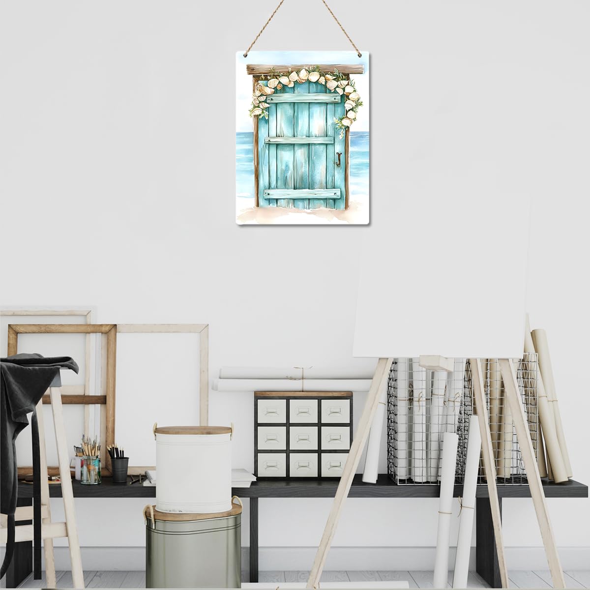 Coastal Beach Decor Wooden Nautical Wall Decor,Ocean Sea Wall Art，Rustic Door Seashell Hanging Wood Plaque for Front Door Home Farmhouse Living Room Beach House Nursery Bedroom，7.8x10.2 inch