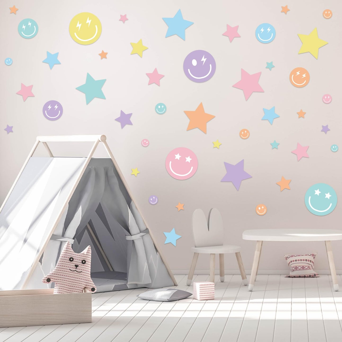 Whaline 12 Sheets Preppy Wall Stickers Pastel Smile Face Star Wall Decals Aesthetic Room Mural Stickers for Back to School Party Home Nursery, 7.9 x 11.8 Inch