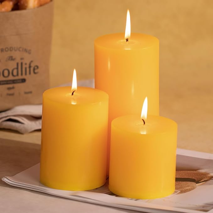 KONNI Yellow Pillar Candles Set of 3, 3"x 6" Unscented Pillar Candles Bulk, 56 Hours Long Burning Candles, Smokeless&Dripless Large Round Candle for Wedding, Home Decoration, Parties, Spas, Dinner