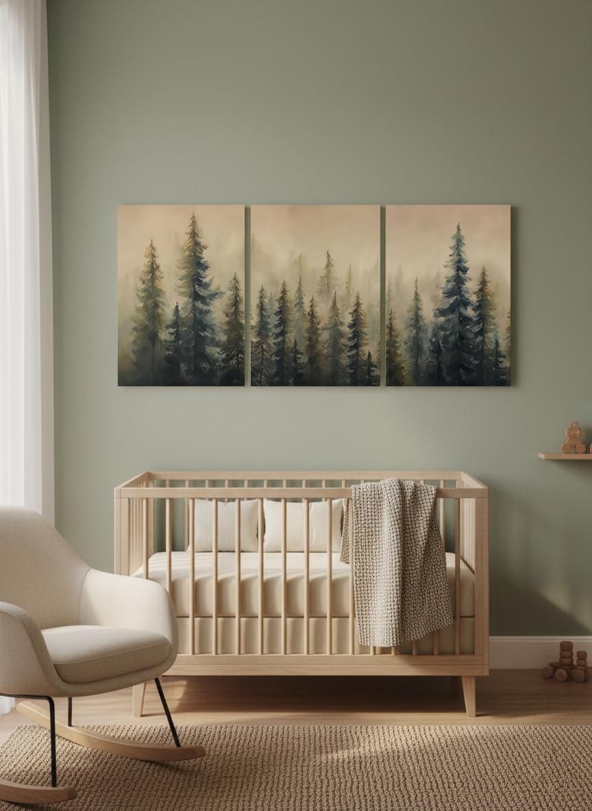 Foggy Forest 3 Piece Canvas Wall Art - Moody Pine Tree Misty Mountain Triptych - Framed Nature Greenery Landscape Prints - Large Modern Farmhouse Woodland Decor for Living Room Bedroom Office - Ready to Hang