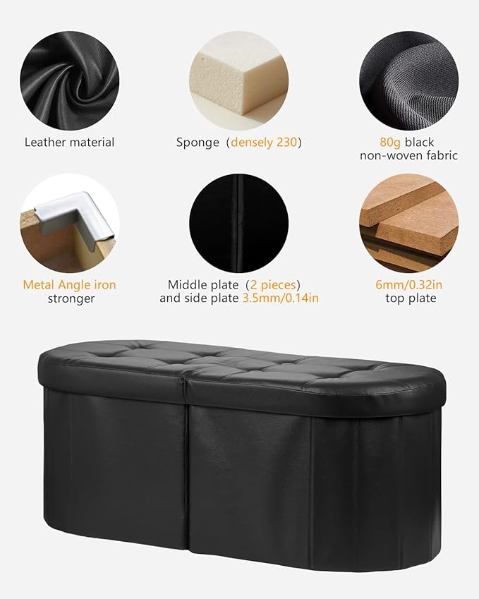 AmasSmile Footrest Ottoman Bench with Storage,34Inch Footstool, Coffee Table, Padded Seat, Storage Chest,Blanket Store with Flipping Lid for Livingroom and Bedroom (Black(Leather))