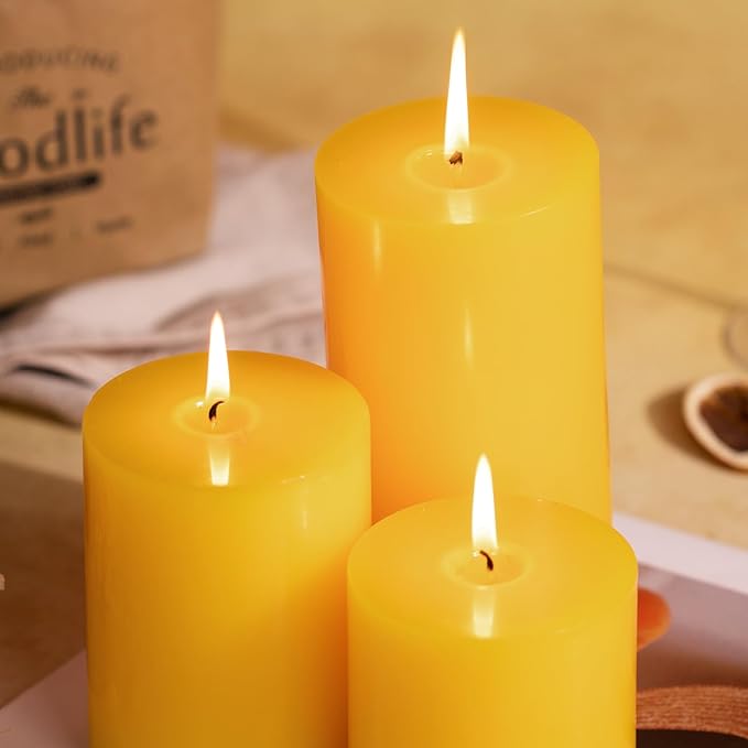 KONNI Yellow Pillar Candles Set of 3, 3"x 3" Unscented Pillar Candles Bulk, 30 Hours Long Burning Candles, Smokeless&Dripless Large Round Candle for Wedding, Home Decoration, Parties, Spas, Dinner