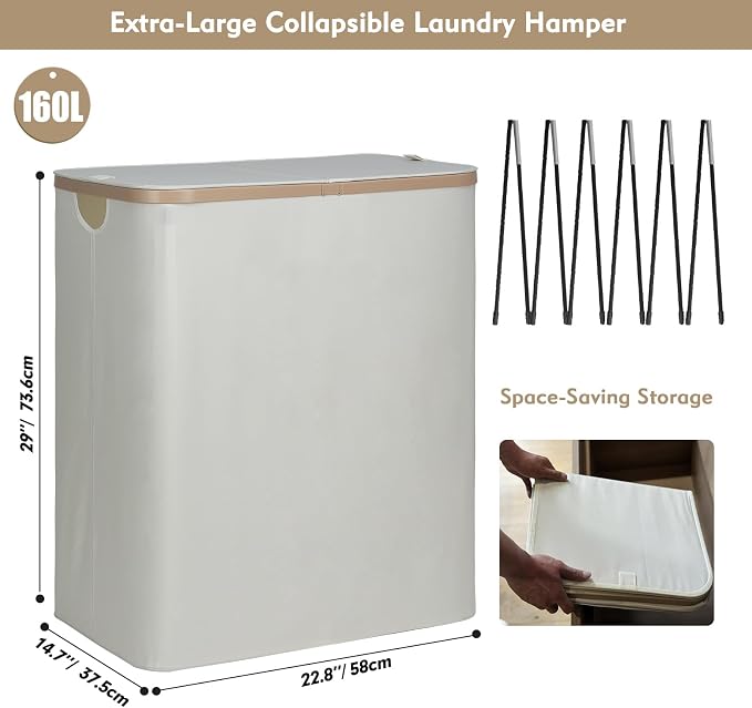 DOKEHOM 160L Extra Large Laundry Hamper with Lid, 2-Section Double Laundry Basket with Removable Mesh Liner Bags, Collapsible Clothes Sorter for Family, Bedroom, Laundry Room, Beige