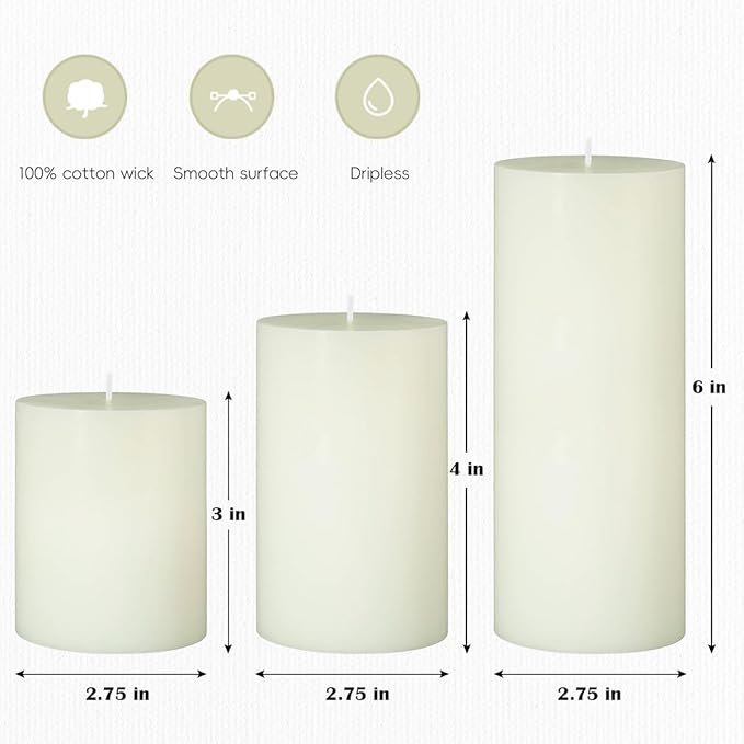 Set of 3 Different Size Ivory Pillar Candles, Unscented Dripless 2.75x3, 2.75x4, 2.75x6 Inch Long Lasting Cylinder Wax Candles for Home Power Outage Dinner Table Decoration