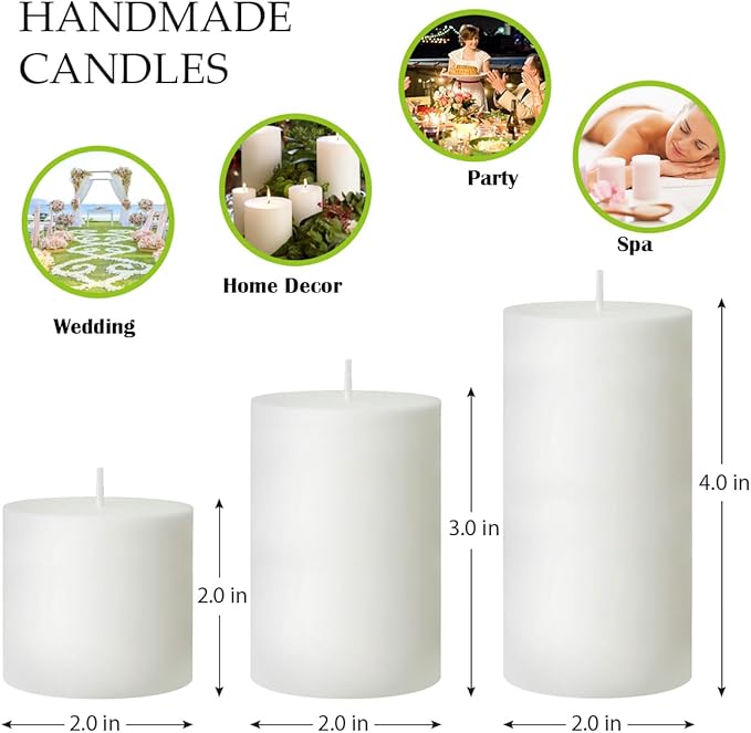 White Unscented Pillar Candles 3-Pack ??Dripless & Smokeless, Long-Burning Thick Candles (2",3",4" Heights) for Weddings, Home Decor & Serene Ambiance