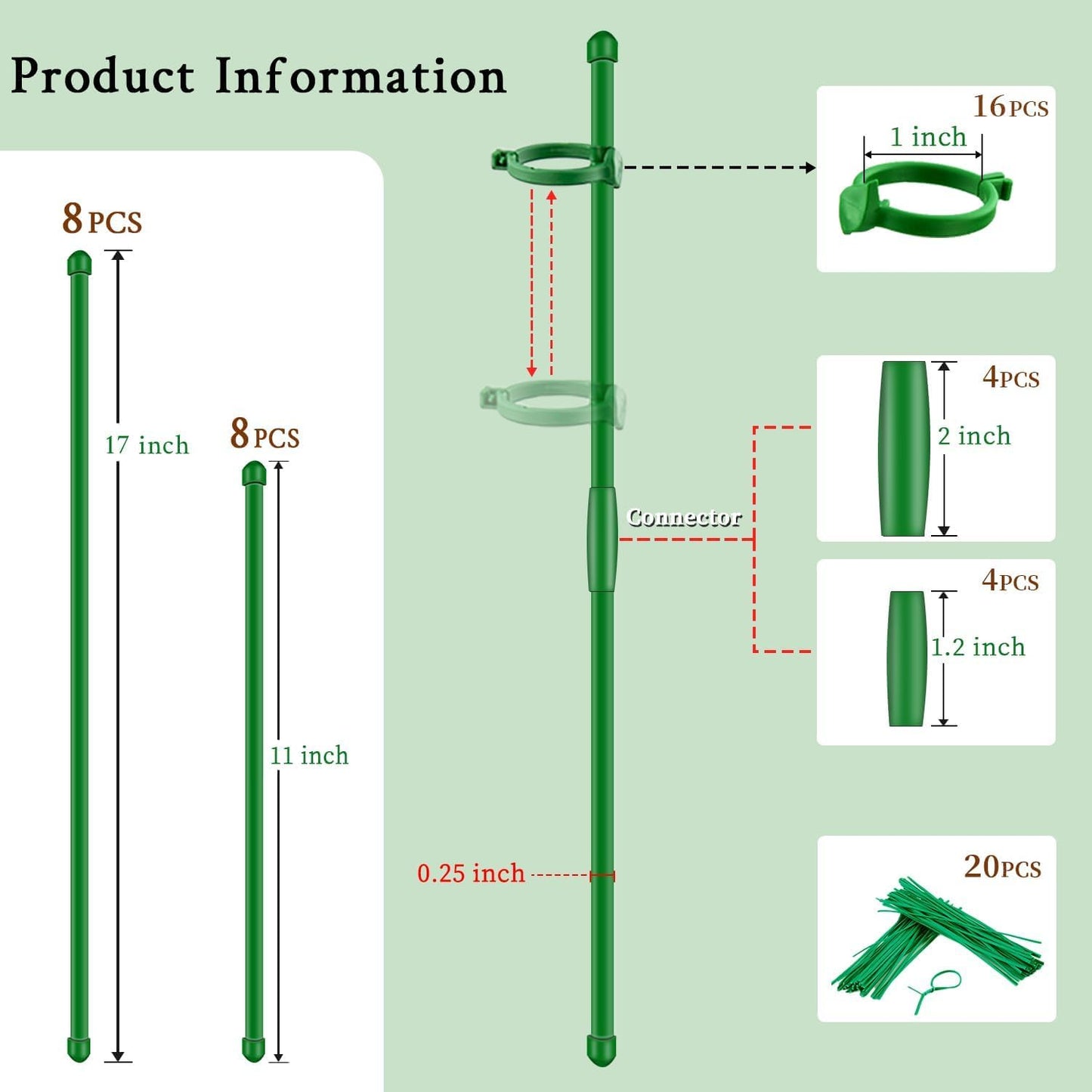 Plant Stakes 17inch &11inch SupKing Adjustable Length Plant Support Stake 16Pcs Orchid Stick with Clips for Indoor Outdoor,Garden Pole for Potted Tomato Amaryllis Vegetables Comes with 20 Ties (Green)