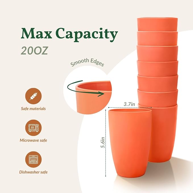 Homienly Plastic Cups Reusable Wheat Straw Cups 8 PCS a Good Alternative Plastic Water Glasses Unbreakable Drinking Cup Reusable Dishwasher Safe Microwave Safe Cups with Orange Color (20 OZ)