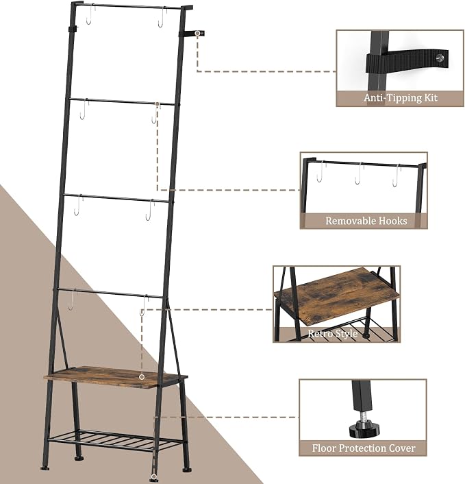 Blanket Ladder Towel Rack with Storage Shelf and Hooks, Decorative Scarf Rack, Throw Blanket Holder Ladder Shelves for Bathroom Living Room, Rustic Brown