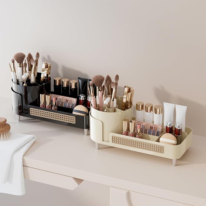 Booklov Rotating Makeup Caddy Organizer for Vanity, Large Capacity Cosmetic Display Case, Countertop Beauty Storage Holder for Skincare, Brush Eyeliner Lipstick, Counter Table Organization, Cream