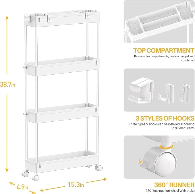 SPACELEAD 2-piece Set Slim Storage Cart 3 Tier,Bathroom Organizer Rolling Utility,Mobile Shelving Unit Slide Out for Office, Kitchen, Laundry Room & Narrow Places
