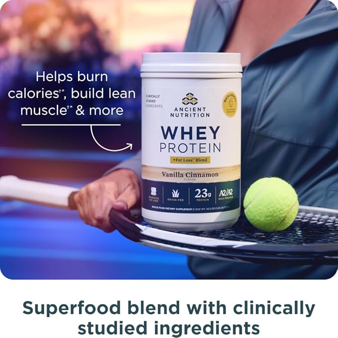 Ancient Nutrition Grass Fed Whey Protein + Fat Loss Blend, Vanilla Cinnamon, 23g Protein, Promotes Fat Loss and Boost Metabolism, Organic Regenerative A2/A2 Milk Protein,18 Servings