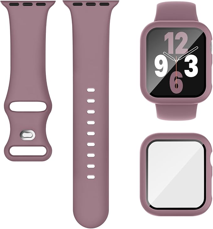Compatible for Apple Watch Band 40mm 41mm and Case with Screen Protector, Soft Silicone Sport Strap Bands and Protective Cover with Tempered Glass for iWatch Series 9 8 7 SE 6 5 4