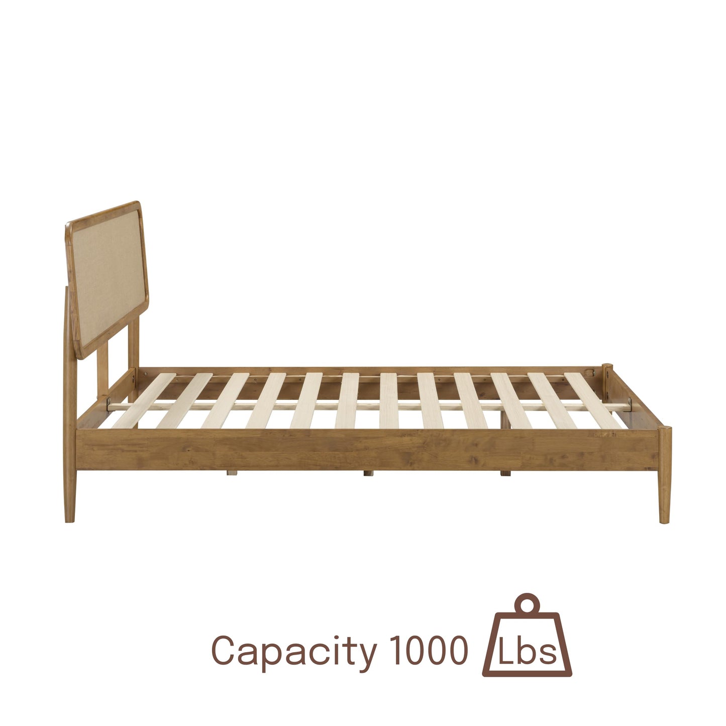 NTC Lupin Wooden Bed Frame with Headboard, Solid Oak and Rubber Wood Foundation with Silent Slats and Wood Central Supports, 1000 Lb Capacity, Queen - Teak Look