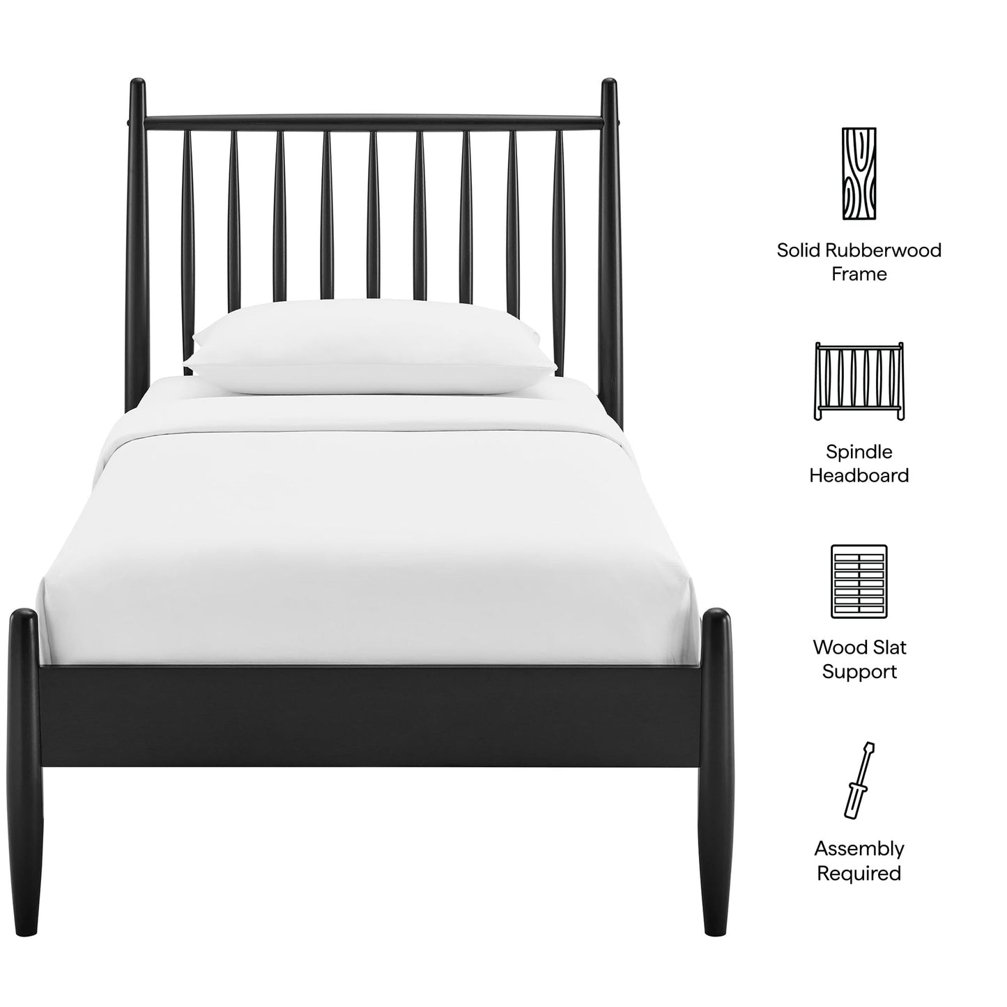 Modway Zane Twin Size Spindle Bed in Black – Solid Wood Platform Bed Frame with Headboard, No Box Spring Needed