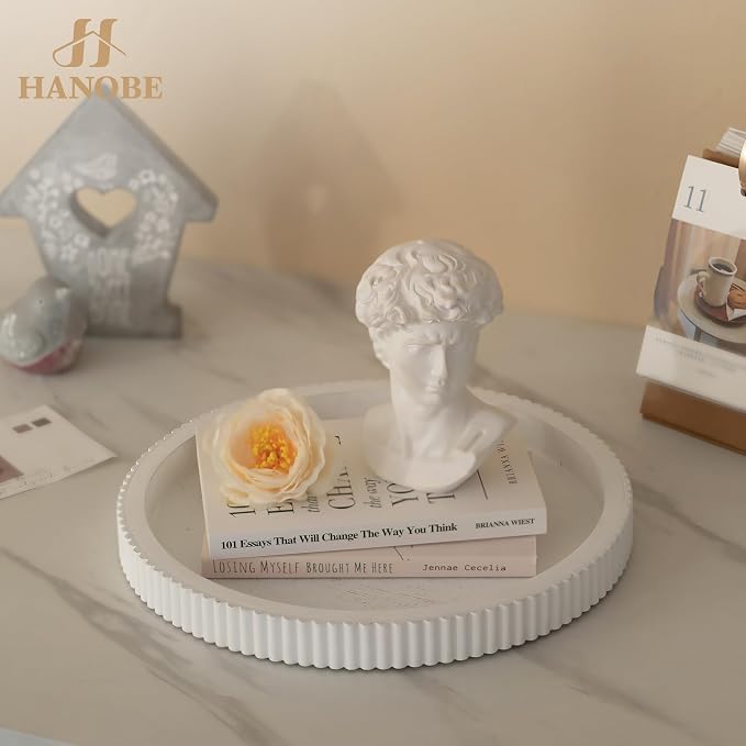 Hanobe Decorative Tray for Coffee Table: White Round Trays for Living Room Ottoman Centerpiece Home Decor 12" Modern Farmhouse Topper Dining Kitchen Island Tabletop Display