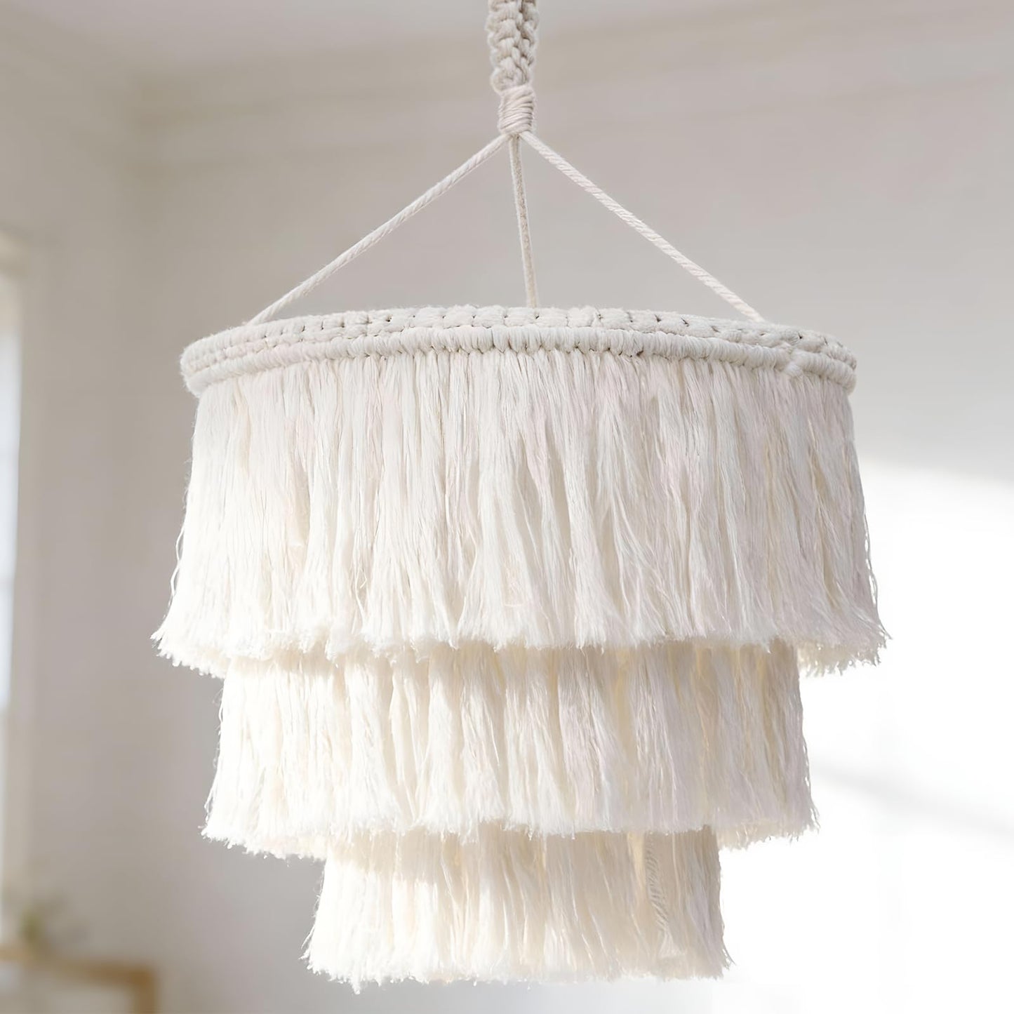 Glooglitter 3 Tiered Boho Chandelier Decoration 11.8 Inch Fringe Pendant Light Fixture Tassel Chandelier Ceiling Decor Farmhouse Rustic Fringe Pendant for Entryway Kitchen Dining Living Room Bedroom