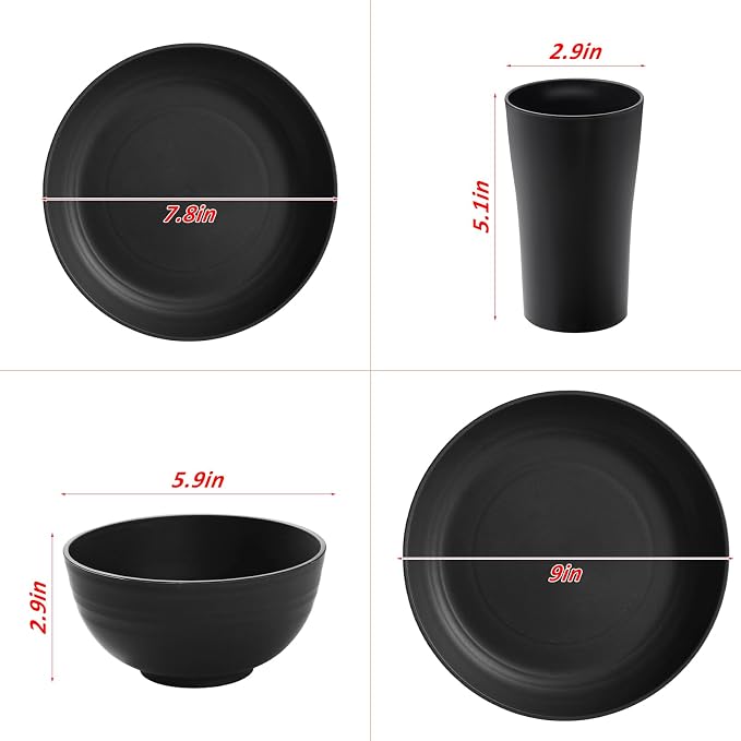 32-Piece Kitchen Plastic Wheat Straw Dinnerware Sets, Service for 8, Unbreakable Modern Dish Set - Dinner Plate/Dessert Plates/Cereal Bowl/Cup, for Apartment Essentials, Outdoor Camping,Black