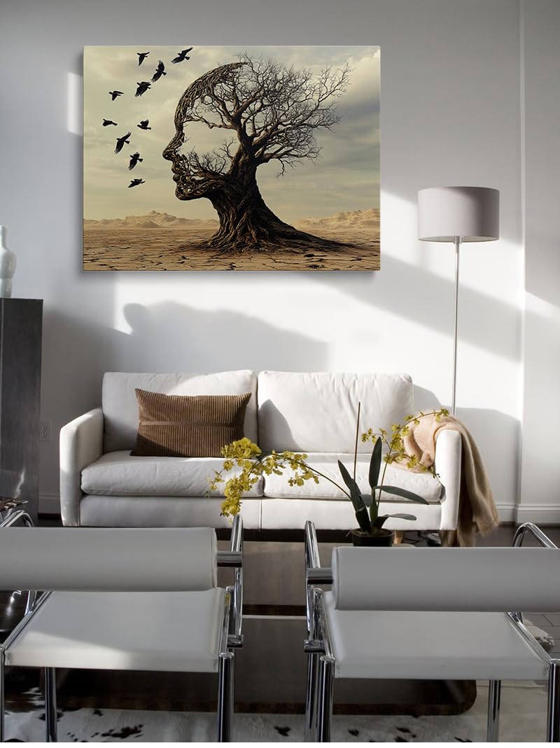 Silhouette of Head from Tree and Birds Canvas Wall Art Framed Thought Provoking Painting Prints Posters Artwork for Modern Wall Decor Contemplative Landscape Art Motivational Gift 16x24 Inches