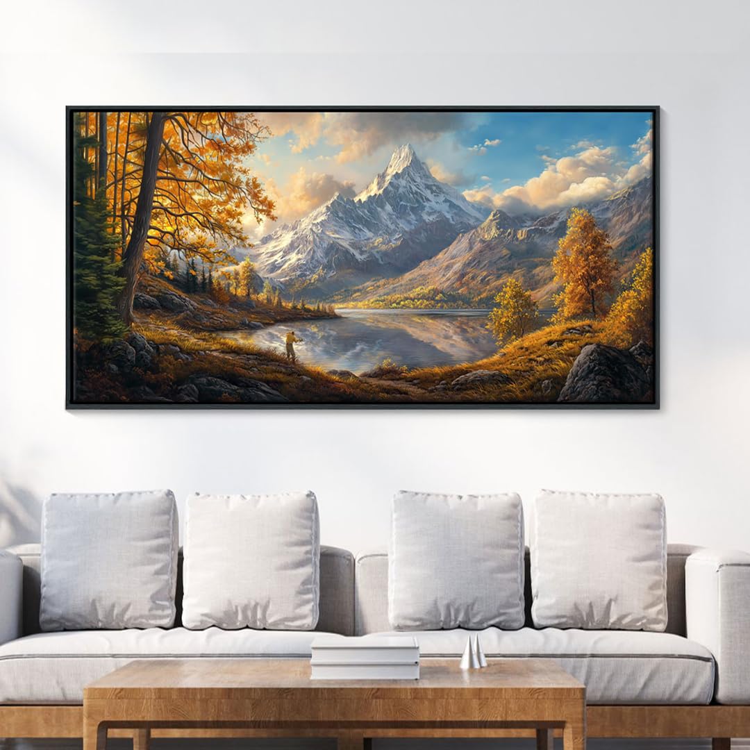 YCPRIMER Fall Canvas Wall Art - Large Mountain Lake Paintings Wall Decor, Panoramic Artwork for Walls, Pictures for Living Room Bedroom Dining Room, Ready to Hang, 24Lx48W