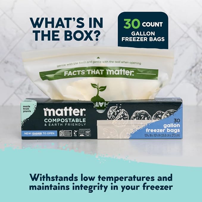Matter Compostable Gallon Freezer Bags for Food Storage, Eco-Friendly, Resealable, Food Storage Bags, 30 Count
