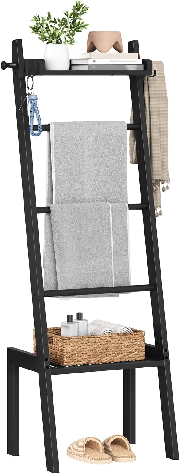 HOOBRO Blanket Ladder, 5 Tier Bamboo Ladder Shelf, Blanket Ladders for Living Room and Bedroom, Farmhouse Blanket Holder Rack for Storage and Home Decor, Decorative Towel Rack, Black BK91CJ01G1