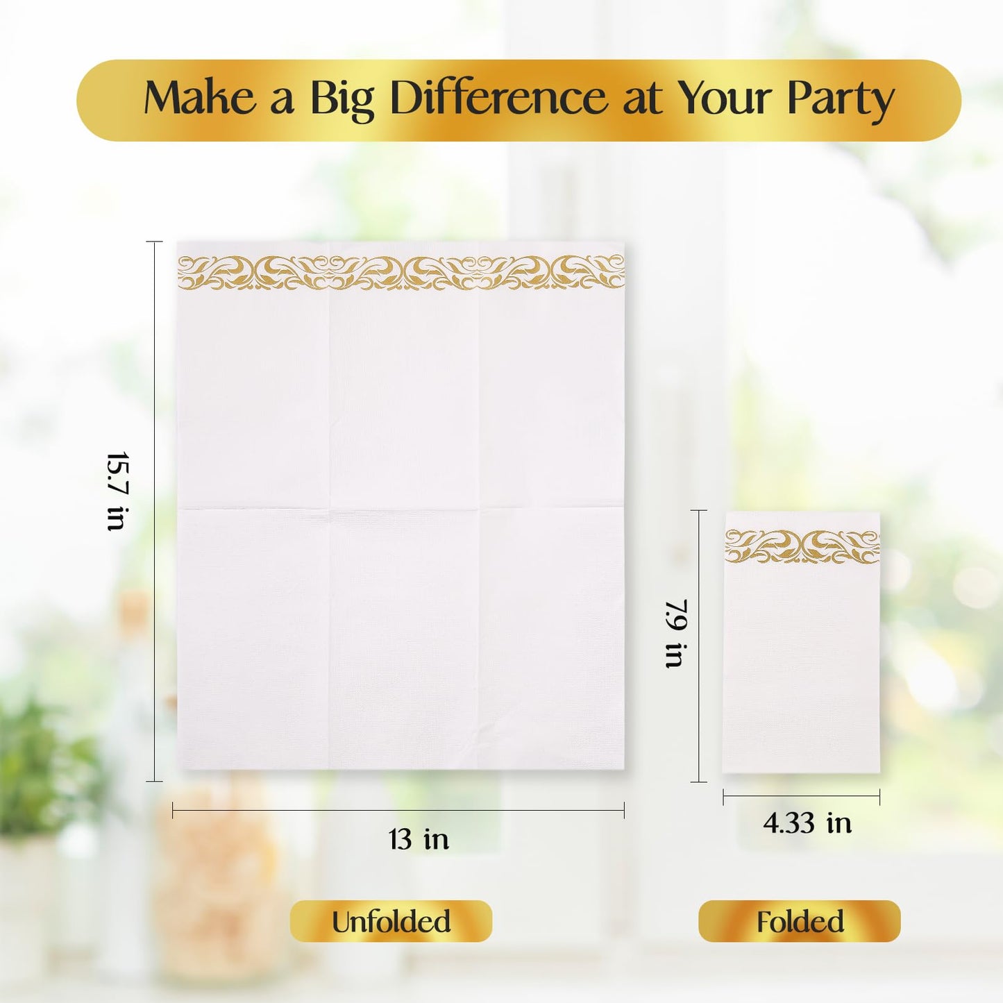 Vplus 200 Pack Paper Napkins Guest Towels Disposable Premium Quality 3-ply Dinner Napkins Disposable Soft, Absorbent, Perfect for Kitchen, Wedding, Parties, Dinners or Events (Gold)
