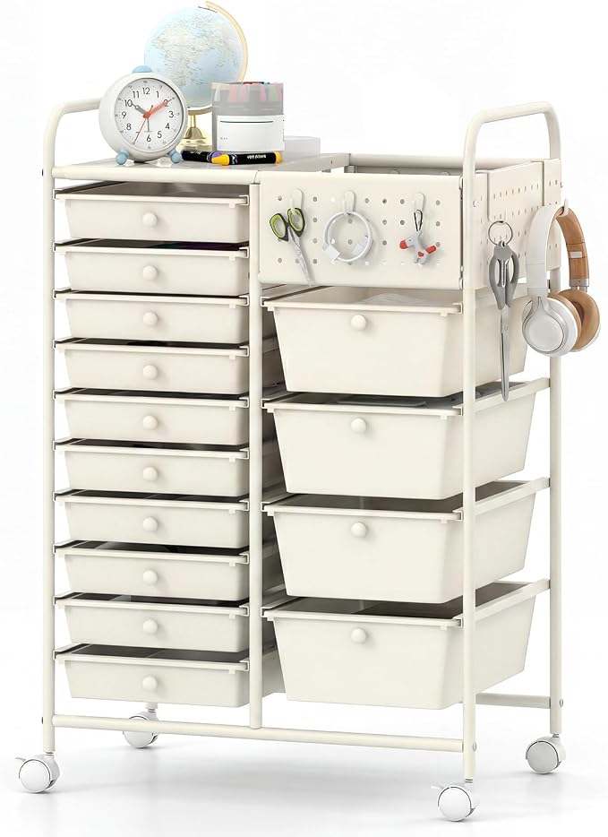 GOFLAME 14-Drawer Rolling Storage Cart with Pegboard, Craft Storage Cart with Lockable Wheels and Metal Frame, Multifunctional Art Cart Supply Storage Organizer for Home Office Classroom, White
