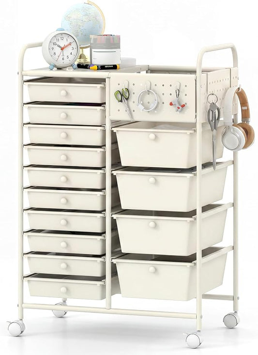 GOFLAME 14-Drawer Rolling Storage Cart with Pegboard, Craft Storage Cart with Lockable Wheels and Metal Frame, Multifunctional Art Cart Supply Storage Organizer for Home Office Classroom, White