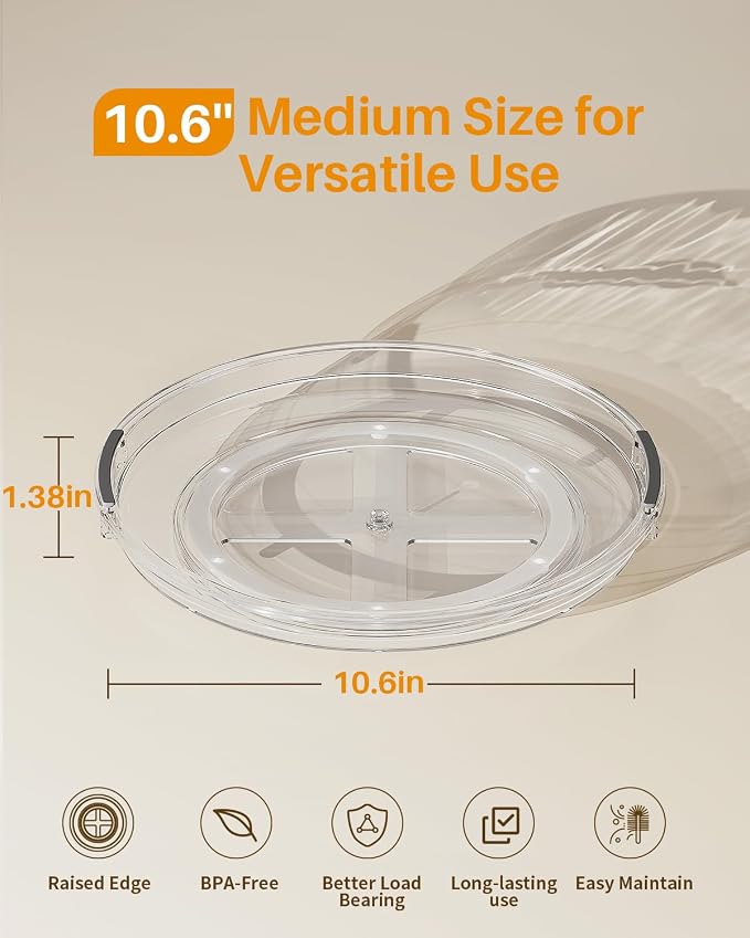 LAMU 2 Pack 10.6in Lazy Susan Organizer Turntable for Cabinet, Clear Lazy Susan for Refrigerator Rotating Organizer for Fridge, Kitchen, Pantry, Countertop, Bathroom, Medicine Cabinet Organizer
